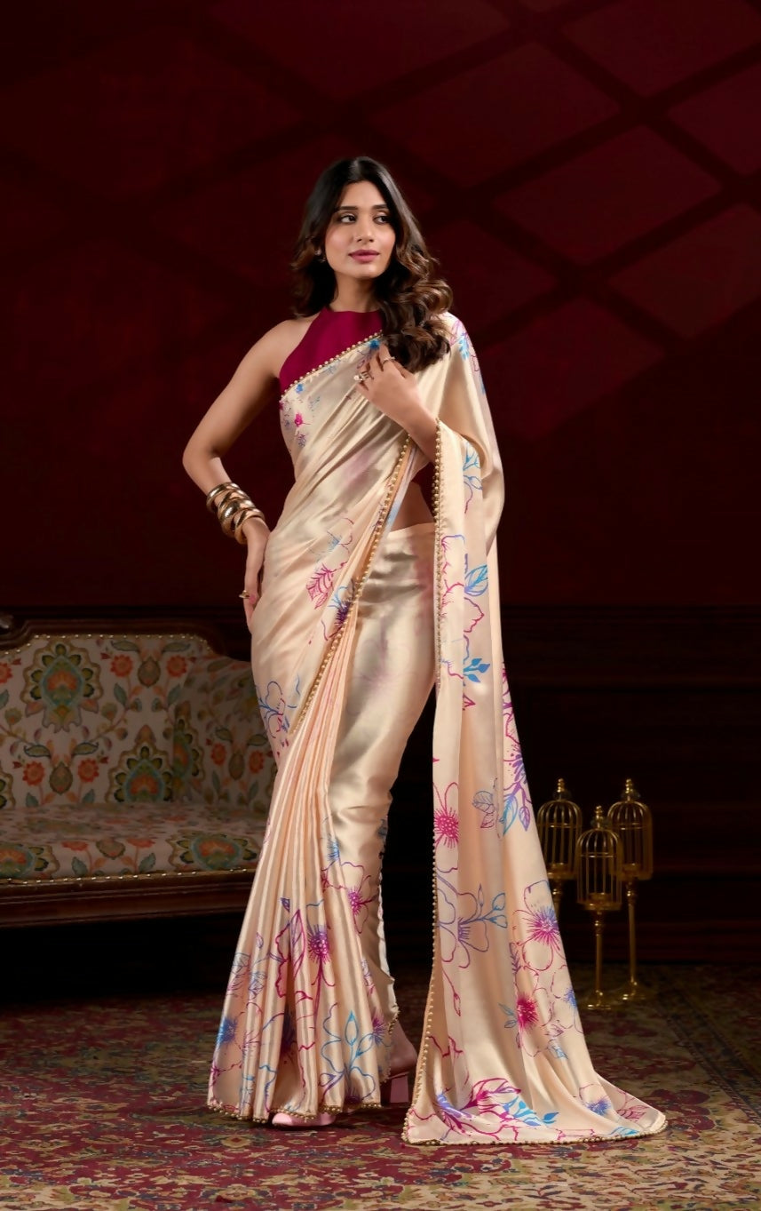 Vastranavya Cream Satin Silk Floral Printed with Pearl Lace Saree with Unstitched Blouse | Grocsy