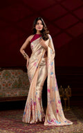 Vastranavya Cream Satin Silk Floral Printed with Pearl Lace Saree with Unstitched Blouse | Grocsy