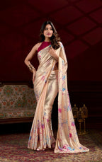 Vastranavya Cream Satin Silk Floral Printed with Pearl Lace Saree with Unstitched Blouse | Grocsy