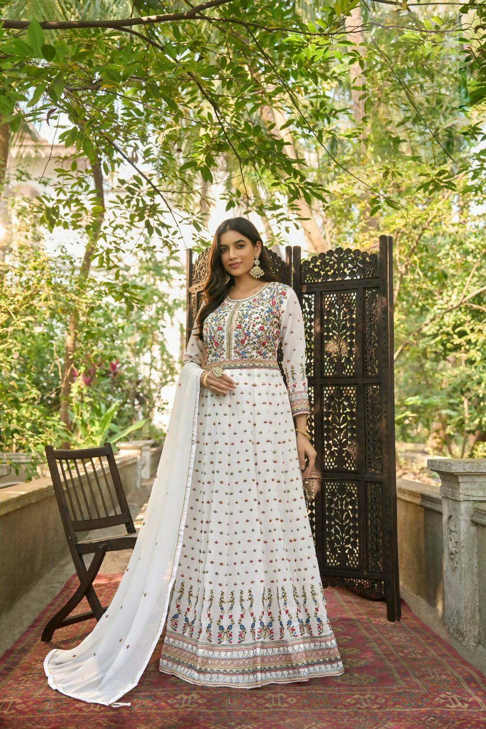 White Heavy Faux Georgette Anarkali Embroidered Kurta Set - Dhvani | Grocsy