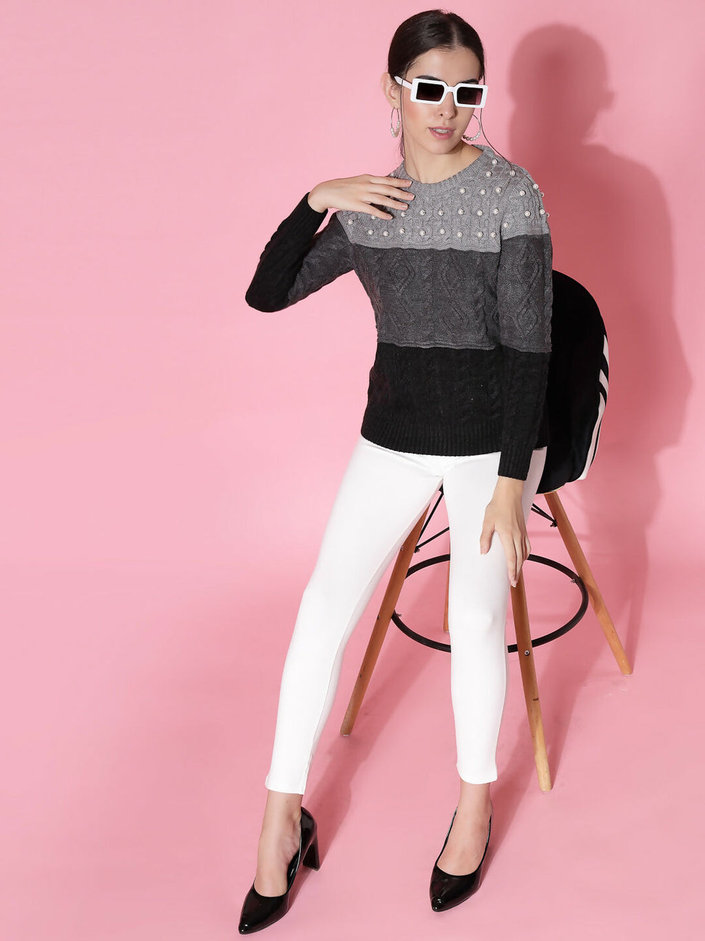 Women Color Block Winter Charcoal Acrylic Sweater - Wool Trees | Grocsy