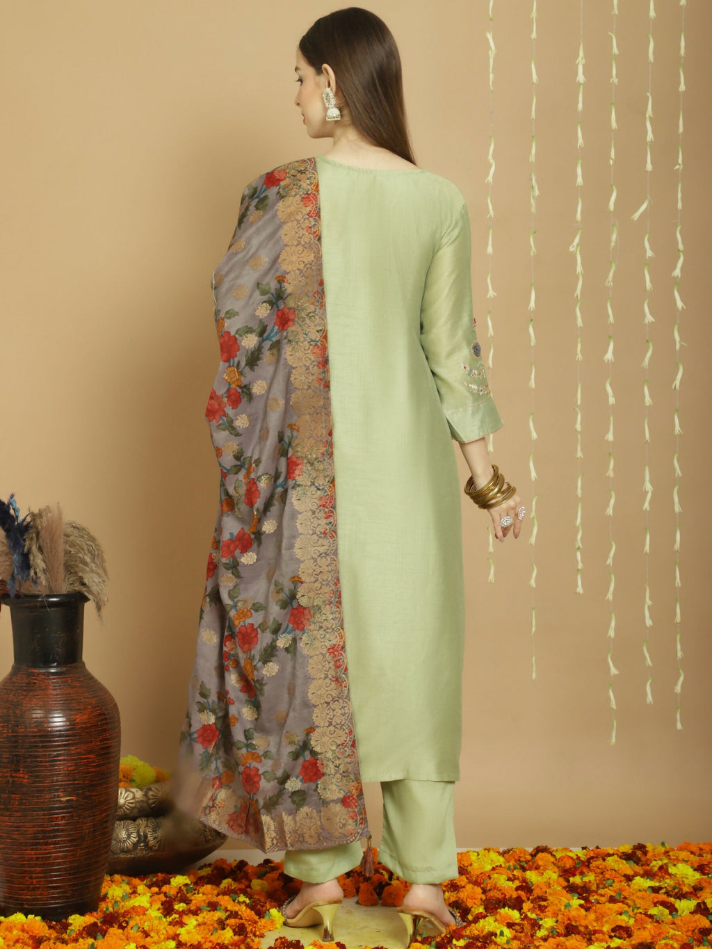 Jyoti Fashion Women's Green Chanderi Silk Elegant Jardoshi Semi Kurta with Trouser & Dupatta | Grocsy
