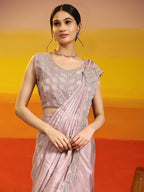 Lavendar Silk Satin Plain Ready to wear Saree with stitched Blouse - Vrinda | Grocsy