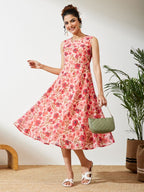 Janasya Peach Flared Georgette Dress | Grocsy