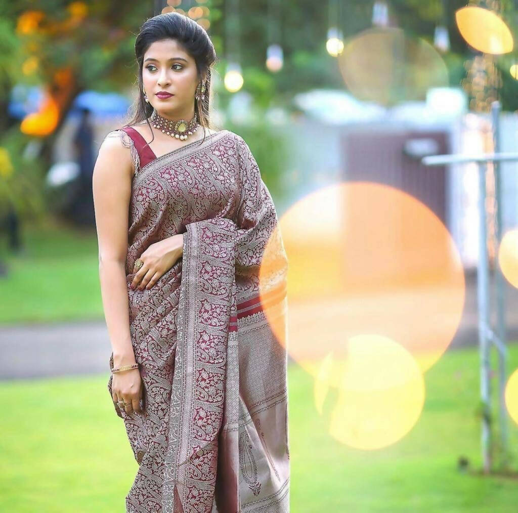 DEIANA'S Beautiful Designer Golden zari Soft Lichi Silk Saree - Wine | Grocsy