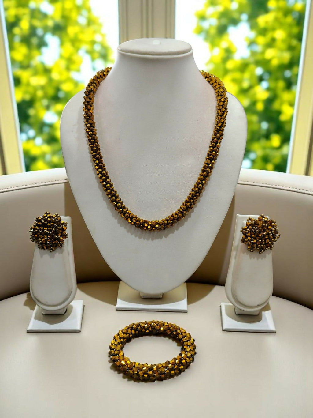 Inhanns Complete Look Crystal Statement 3-Piece Set (Adjustable Necklace + Earrings + Adjustable Bangle ) - Gold | Grocsy
