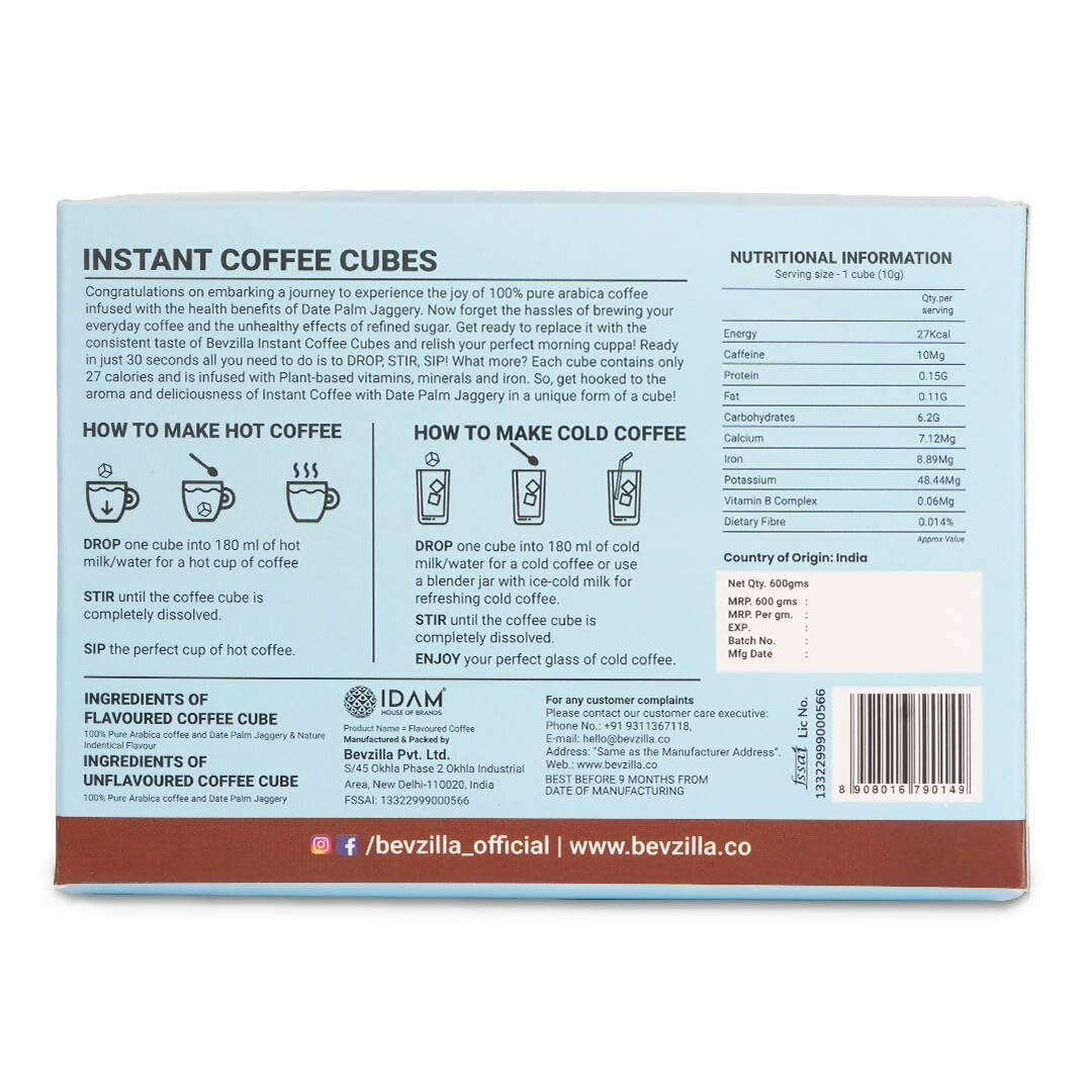 Bevzilla Instant Coffee Cubes Pack with Organic Date Palm Jaggery - Belgian Chocolate | Grocsy