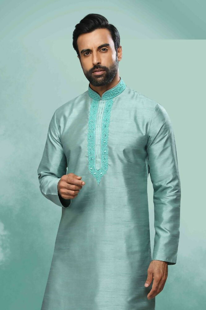 Raivat Ethnic Art Silk Mirror Embroidery Work Kurta Pajama In Sea Green Colour | Grocsy