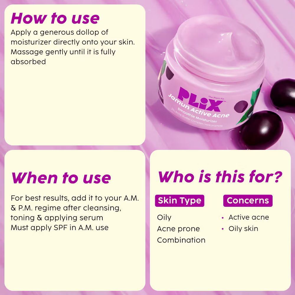 PLIX The Plant Fix Jamun Active Acne Regime - Cleanser, Acne Mark Serum, Moisturizer & Body Wash For Women & Men | Grocsy