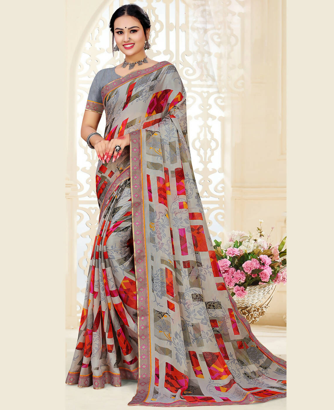 Grey Chiffon Brasso Printed Saree With Unstitched Blouse Piece - Jyoti | Grocsy