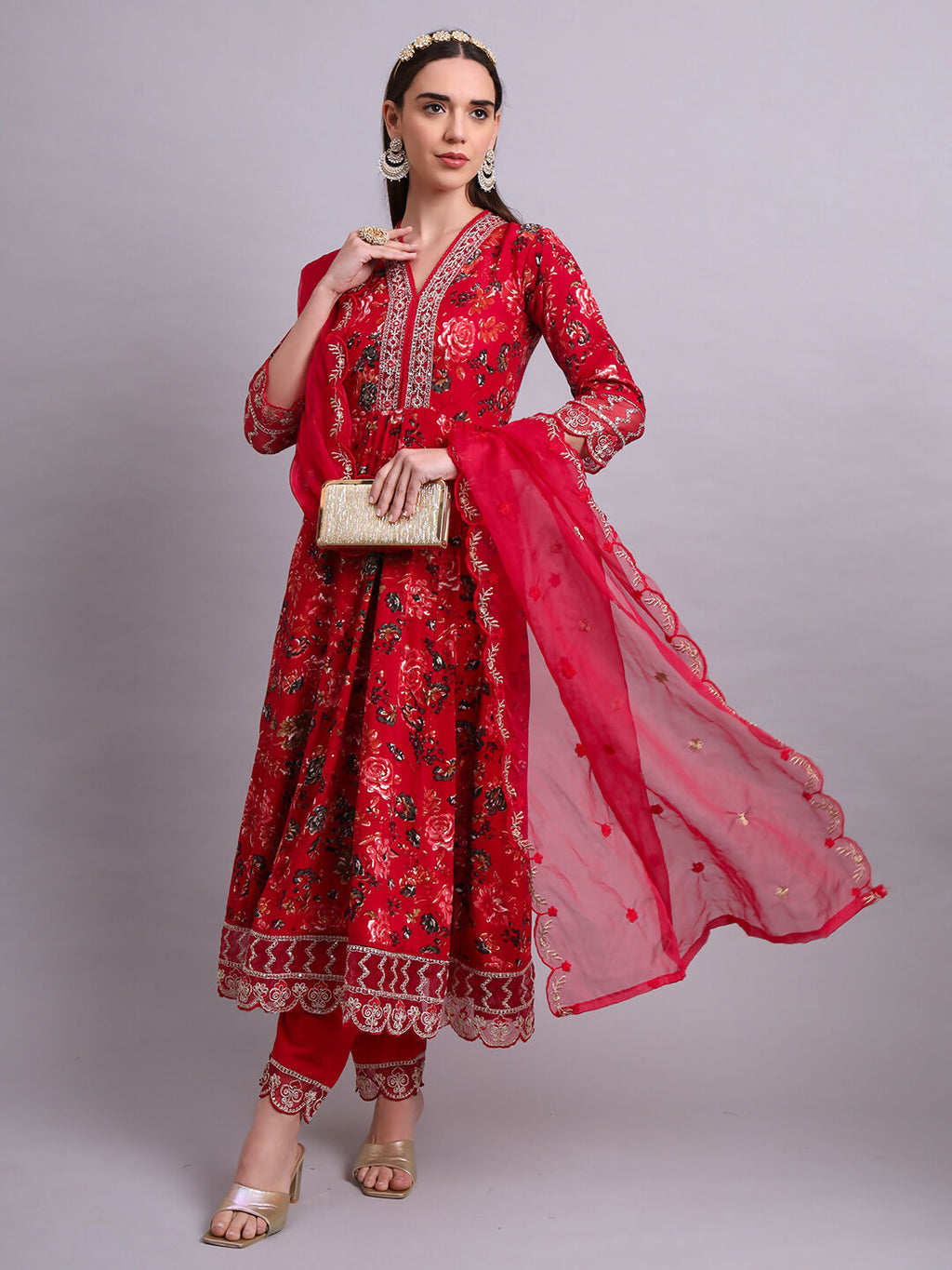 Joban Fashion Mahroon Cotton Floral Printed & Embroidery Work Anarkali Kurta With Trousers & Dupatta Set | Grocsy