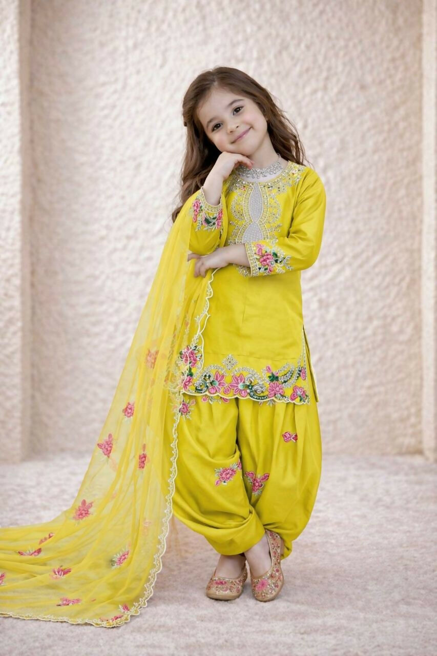 Teeya Creation New Kids Trendy Wedding Wear Traditional Kurta Salwar Set-Yellow | Grocsy