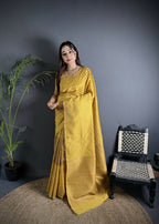 Joban Fashion Golden Yellow Banarasi Soft Lichi Silk Checks & Woven Saree | Grocsy