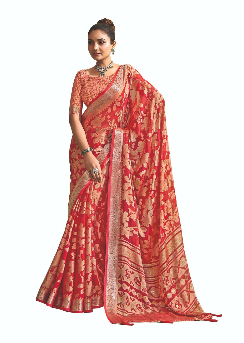 Joban Fashion Redbull Moss Brasso With Kasab Zari Border Saree & Tassels With Brasso Blouse | Grocsy