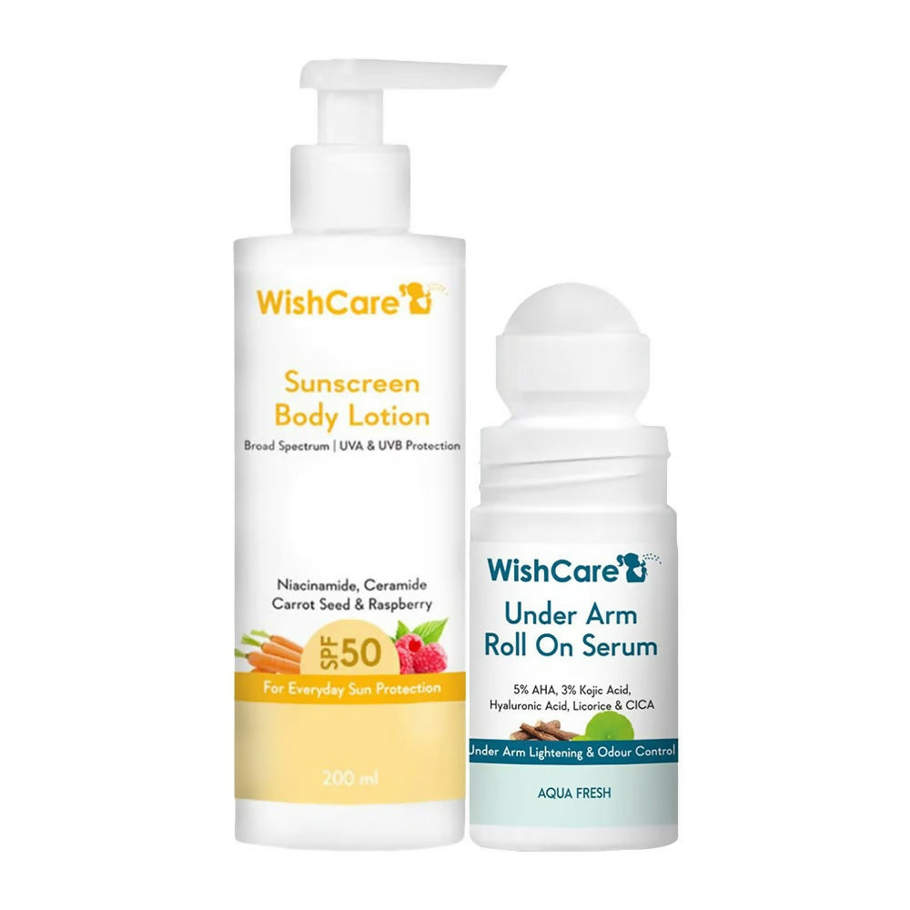 Wishcare Sunscreen Body Lotion SPF 50 + Aqua Fresh Under Arm Roll On Serum Combo | Grocsy