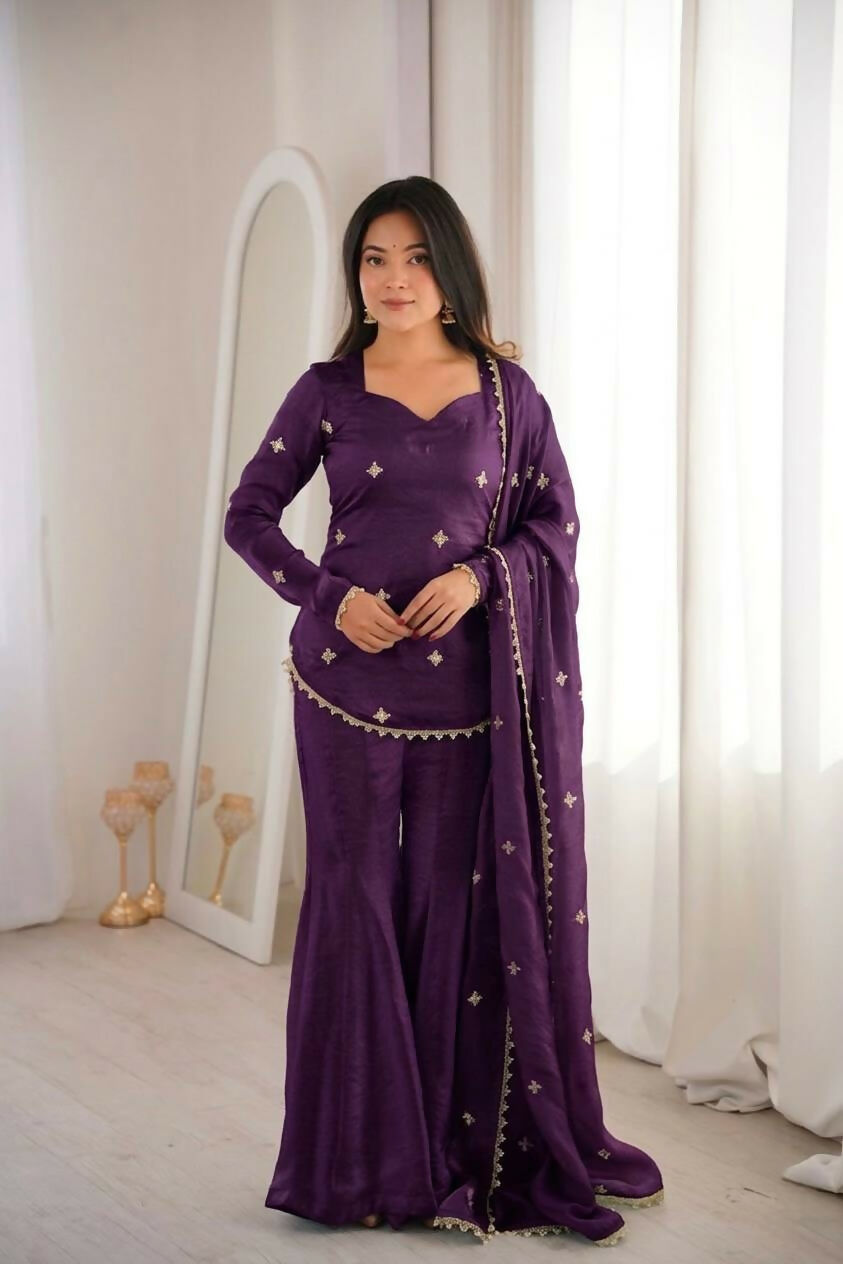 Teeya Creation New Womens Trendy Embroidery Sequence Work Purple Kurta Set | Grocsy