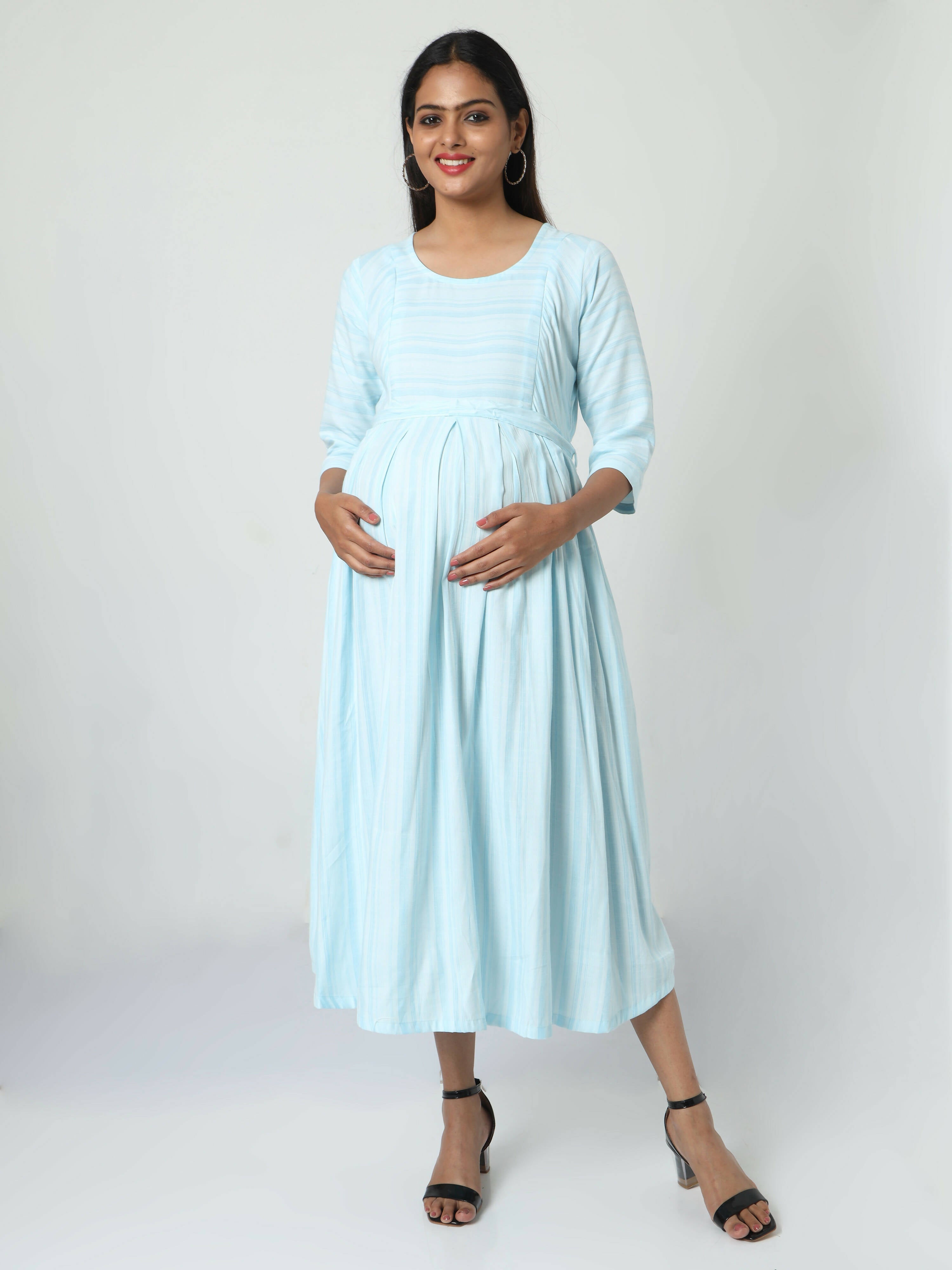 Manet Three Fourth Maternity Dress Striped With Concealed Zipper Nursing Access - Light Blue | Grocsy
