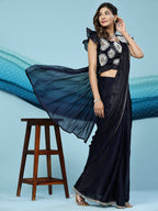 Black Silk Satin Sequence Work Ready to Wear Saree with stitched Blouse - Nirvana | Grocsy