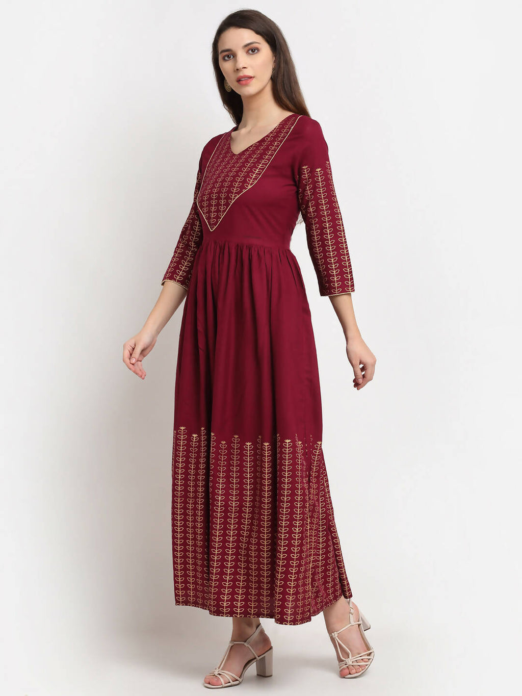 Rudra bazaar Gold Printed A-line flared Maroon Kurti | Grocsy