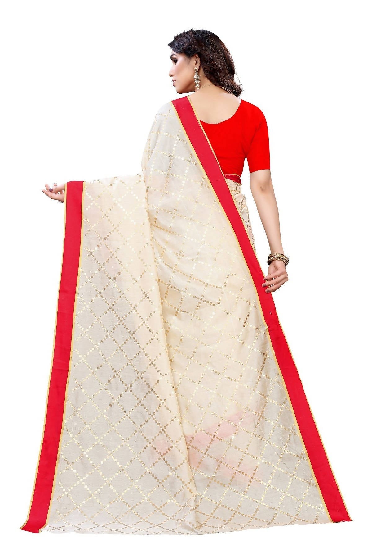 Vamika Cream Linen Foil Print Saree (YOGI CREAM) | Grocsy