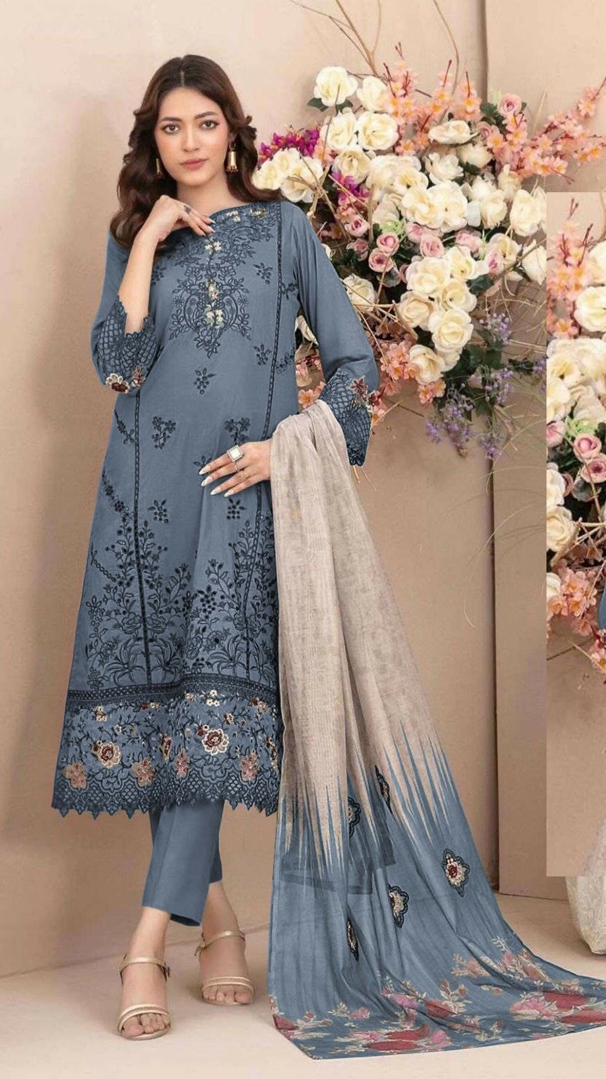 Anaita D Blue Cambric Cotton Stitched Suit with Embroidery & Sequence Work | Grocsy