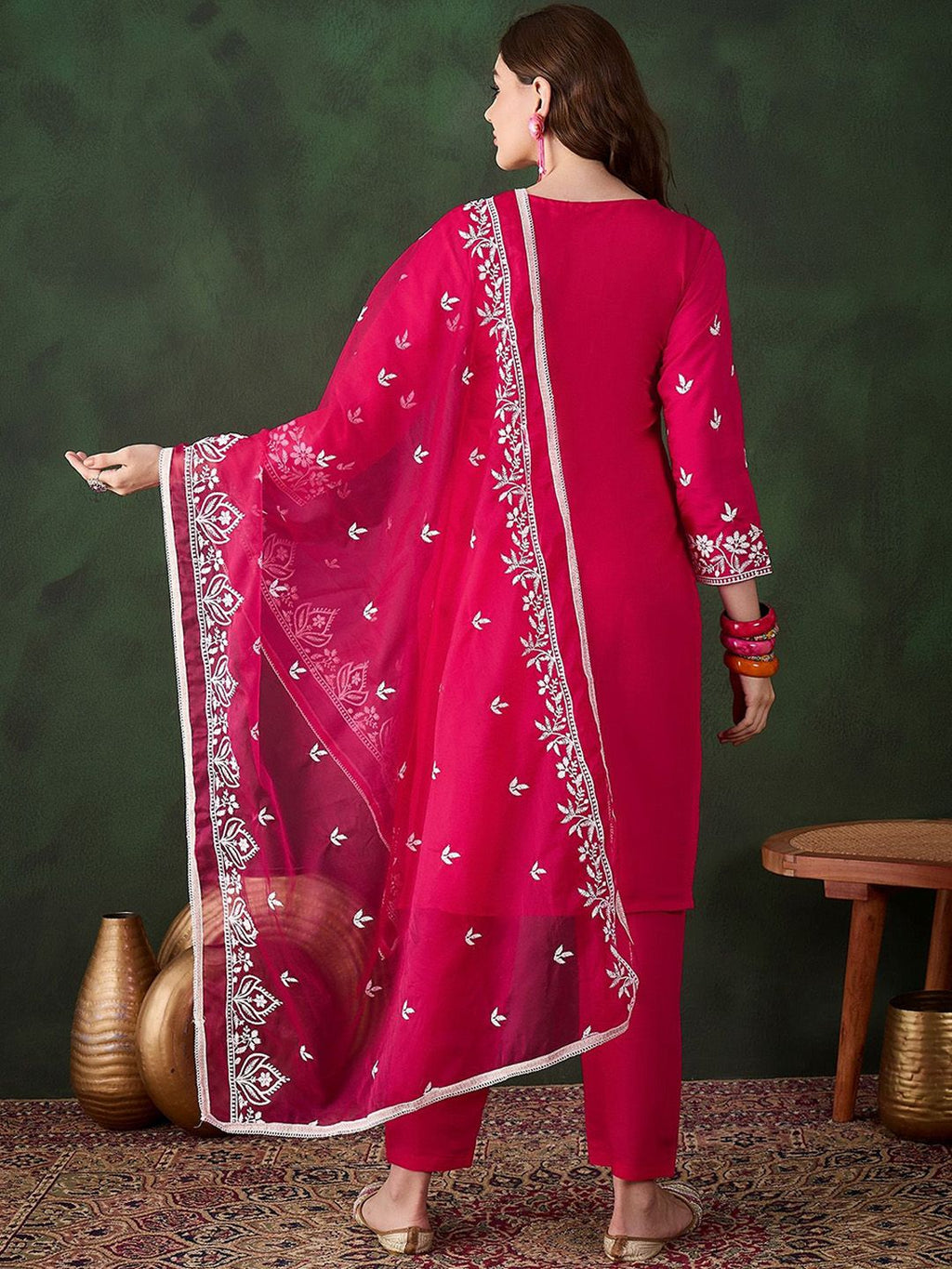 Sangria Pink Floral Embroidered Thread Work Pure Cotton Kurta & Trousers & Dupatta | Grocsy