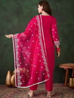 Sangria Pink Floral Embroidered Thread Work Pure Cotton Kurta & Trousers & Dupatta | Grocsy