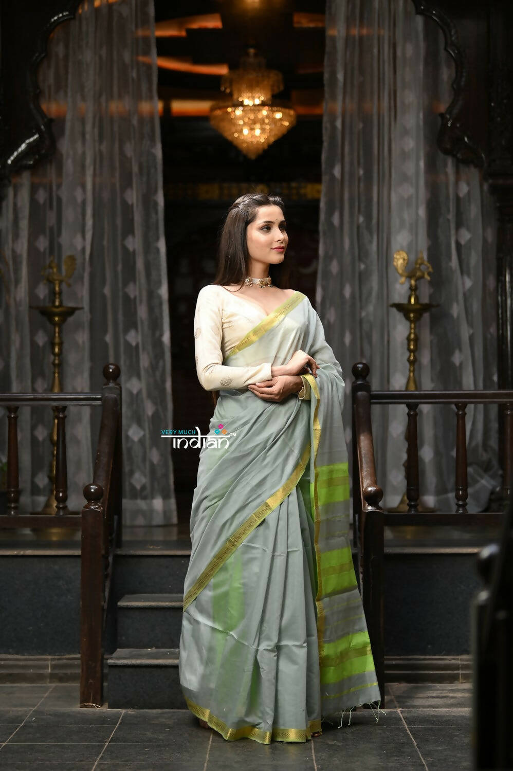 Very Much Indian VMI Exclusive Designer! Handloom Cotton Silk Saree With Sleek Golden Border - Sage Grey | Grocsy