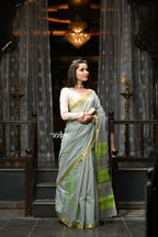 Very Much Indian VMI Exclusive Designer! Handloom Cotton Silk Saree With Sleek Golden Border - Sage Grey | Grocsy