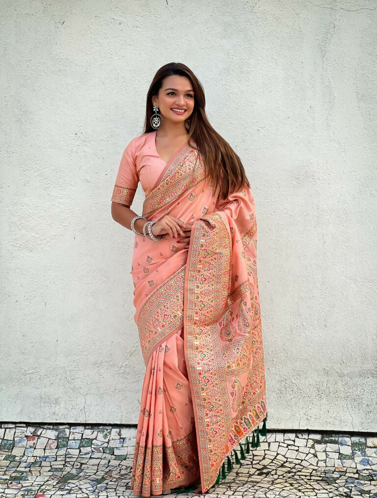 Peach Pashmina Silk Wevon Kashmiri Meenakari Designer Saree with Unstitched Blouse - Vandini | Grocsy