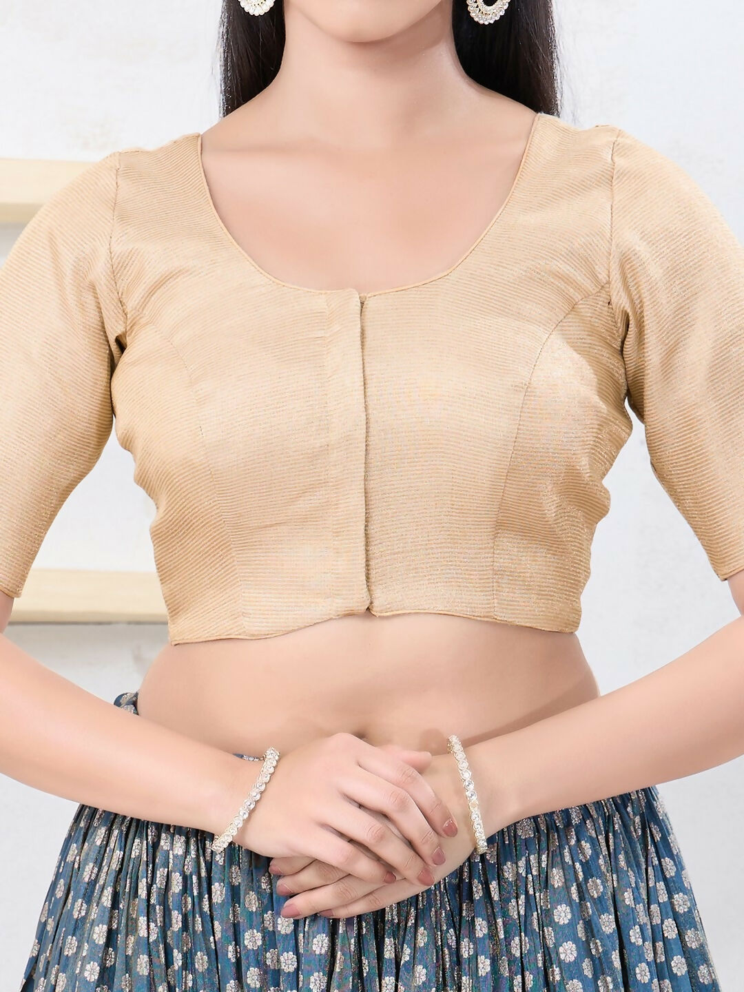 Joban Fashion Light-Gold Tissue Elbow Sleeveless Front Open Blouse | Grocsy