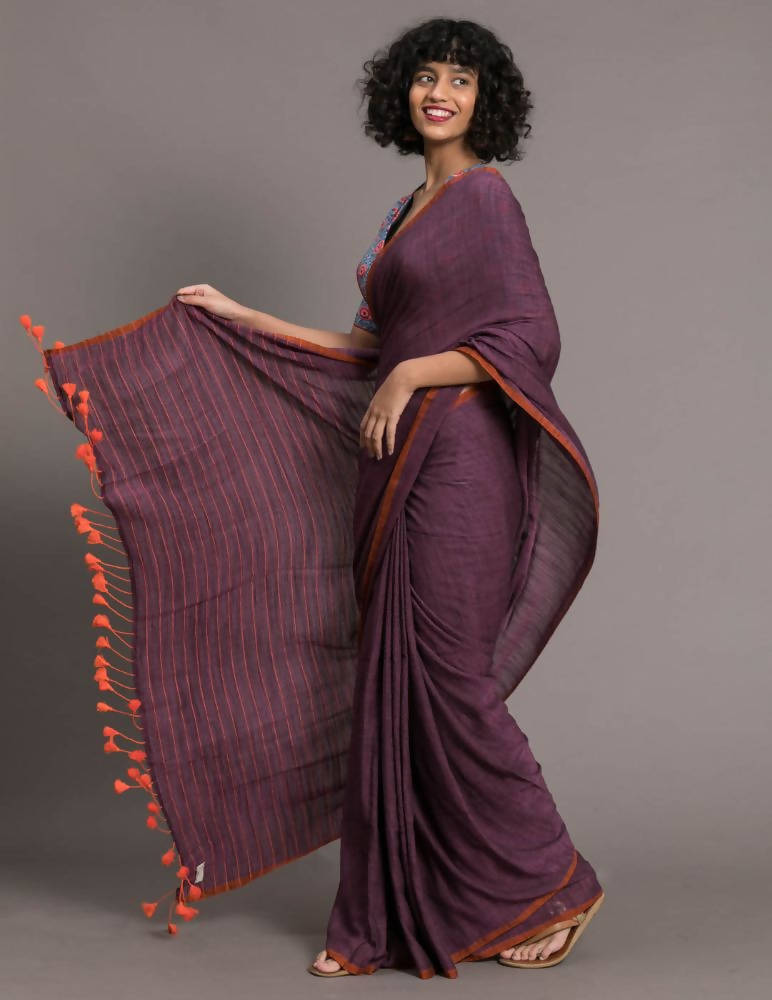 Suta Purple Orange Solid Cotton Blend Saree | Grocsy