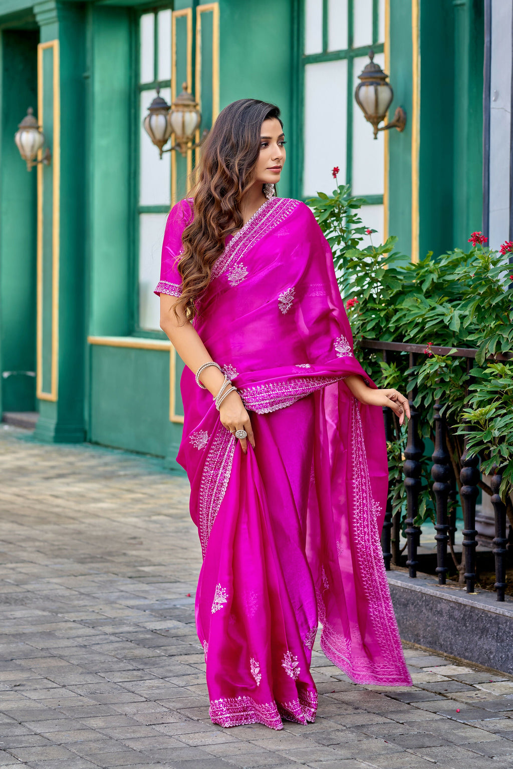 Vastranavya Pink Embroidery Work Shimmer Chiffon Saree with Unstitched Blouse | Grocsy