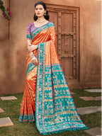 Sangam Prints Orange Kanjivaram Silk Woven Work Traditional Saree | Grocsy