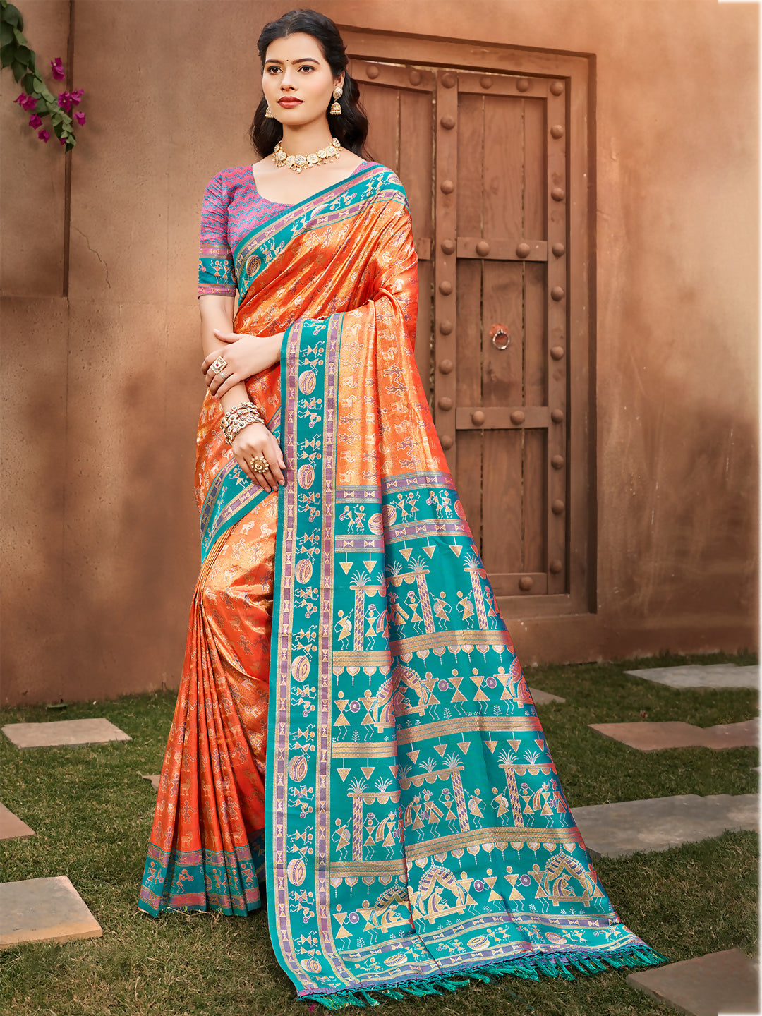 Sangam Prints Orange Kanjivaram Silk Woven Work Traditional Saree | Grocsy