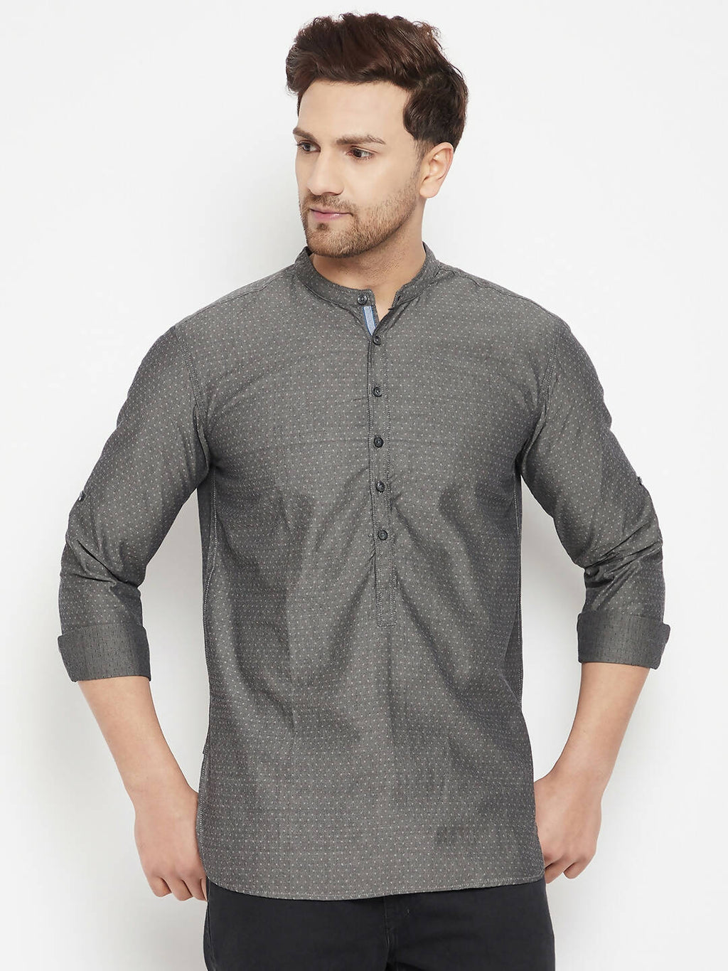 Even Apparels Grey Color Pure Cotton Short Men's Beautiful Kurta With Band Collar | Grocsy