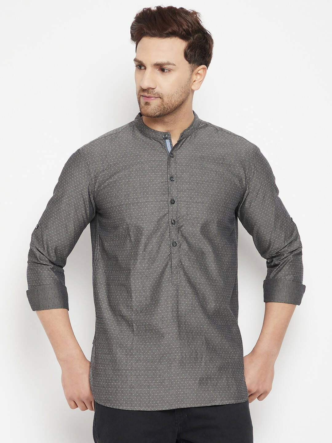 Even Apparels Grey Color Pure Cotton Short Men's Beautiful Kurta With Band Collar | Grocsy
