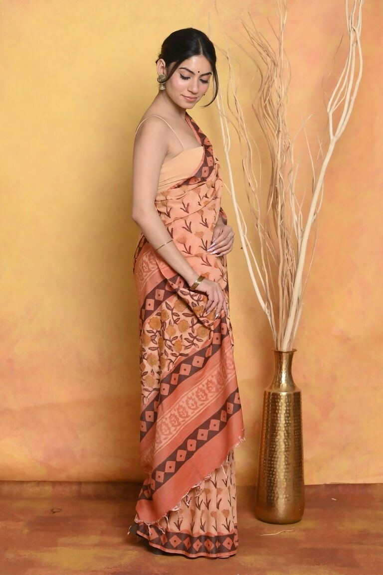 Very Much Indian Designer Modal Silk Saree With With Beautiful Floral Print - Light Orange | Grocsy