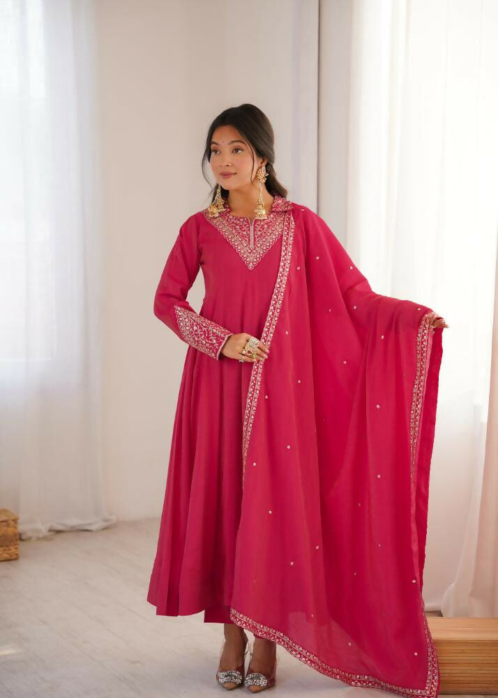 Lehenga Mart Designer Anarkali Suit With Kurta, Pant, Dupatta For Women-Rani Pink | Grocsy