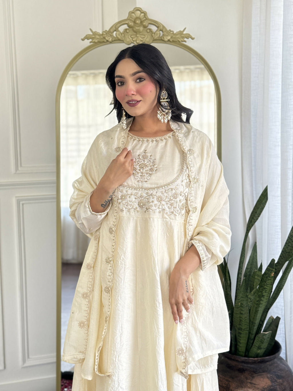 The52 CreamWomen's Gorgeous Embroidered Vichitra Silk Fabric Flared Kurta Pant with Dupatta Set | Grocsy