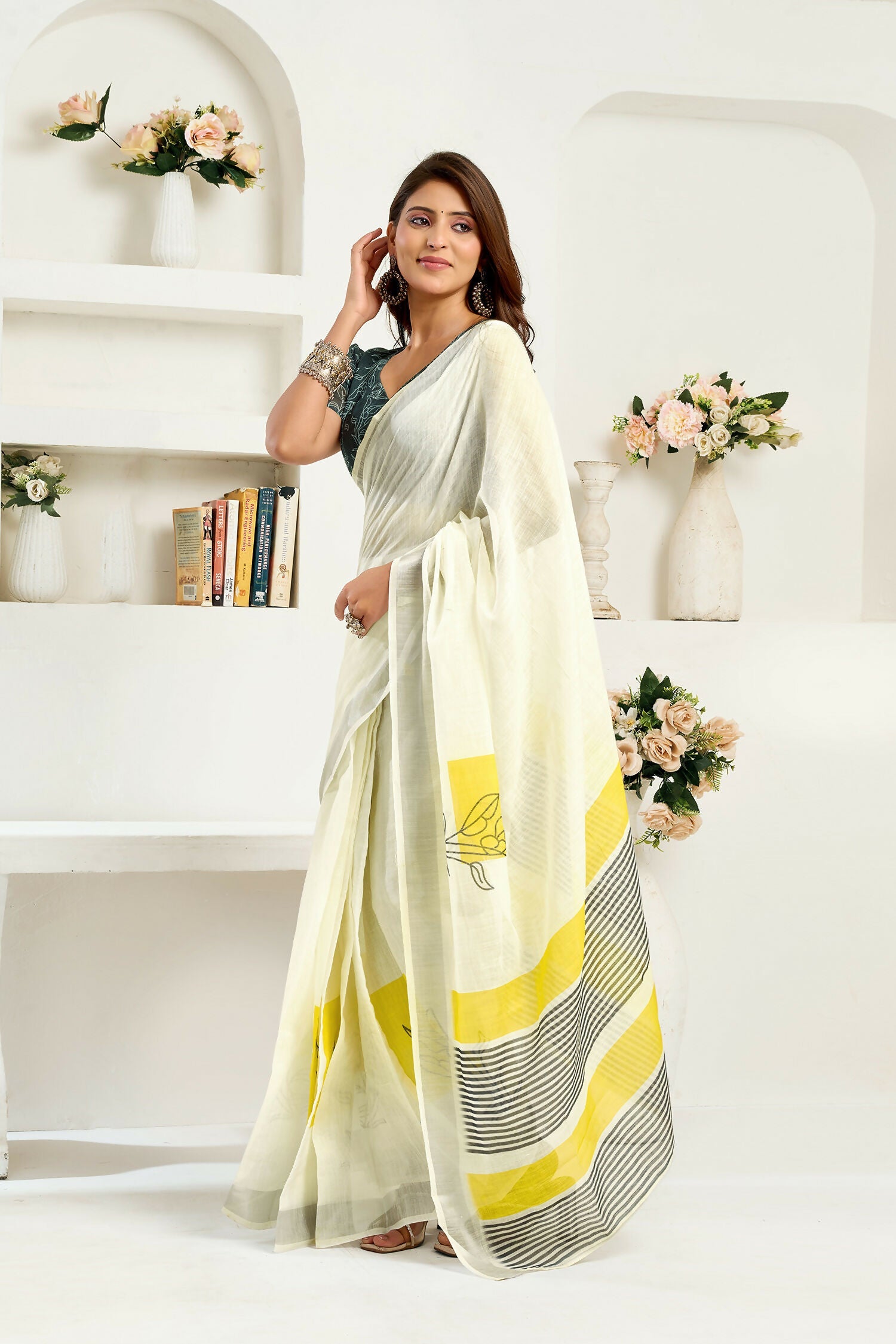 Joban Fashion Off-White Striped Linen Ready To Wear Saree With Unstitched Blouse | Grocsy