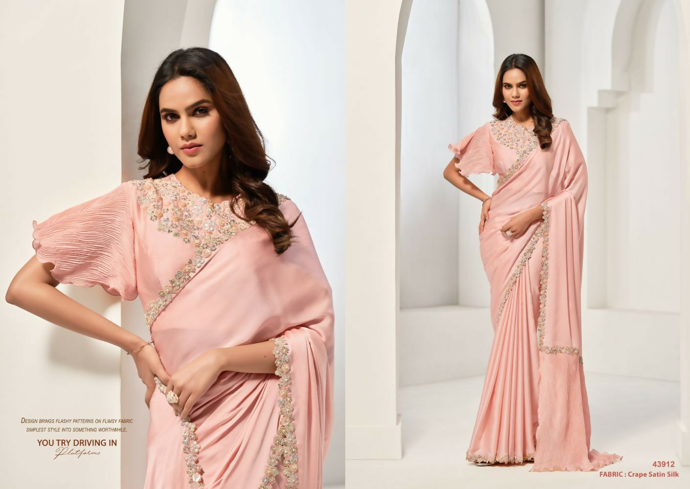 Peach Crepe Satin Silk Sequence & Handwork Saree with Unstitched Blouse - Norita Saanjh | Grocsy