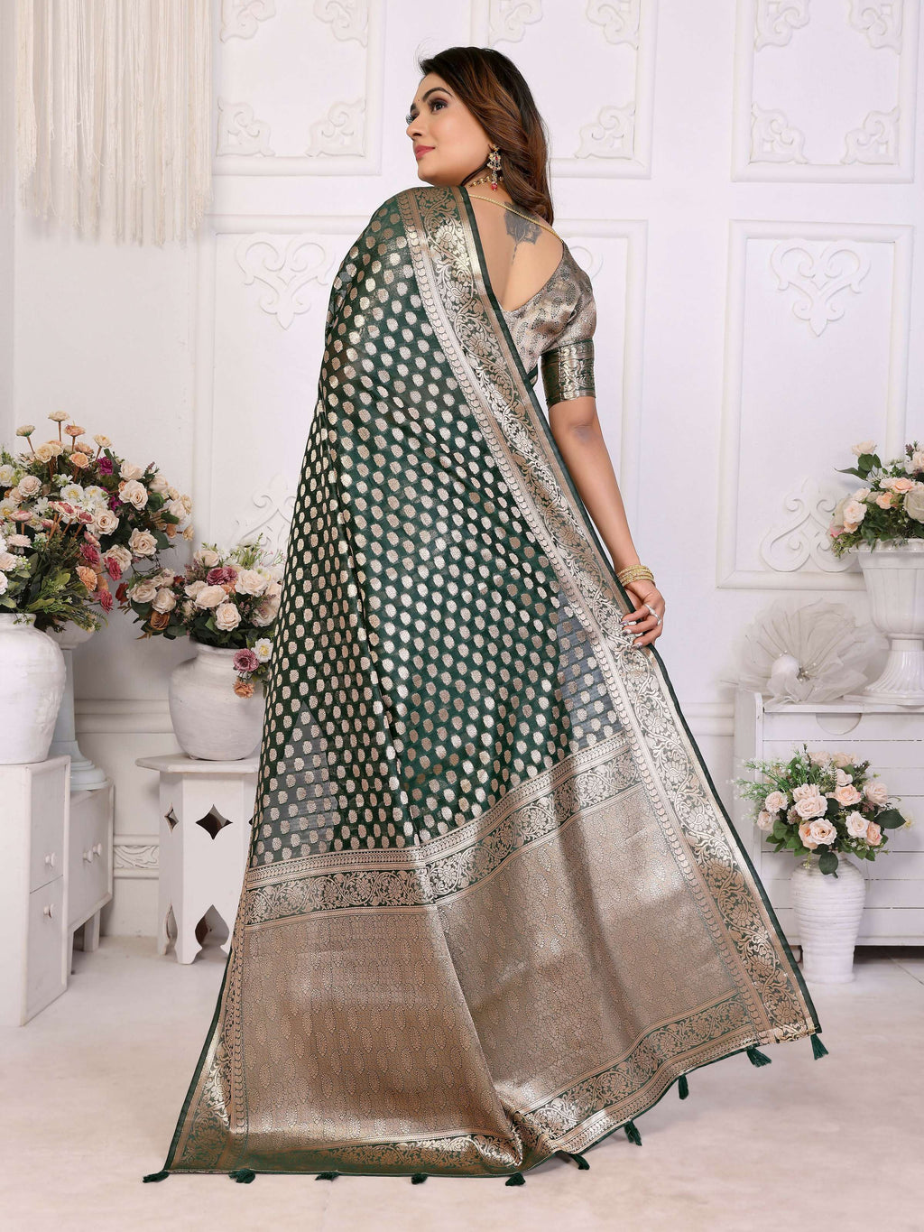 Aastha Fashion Dark Green Organza Silk Weaving Saree | Grocsy