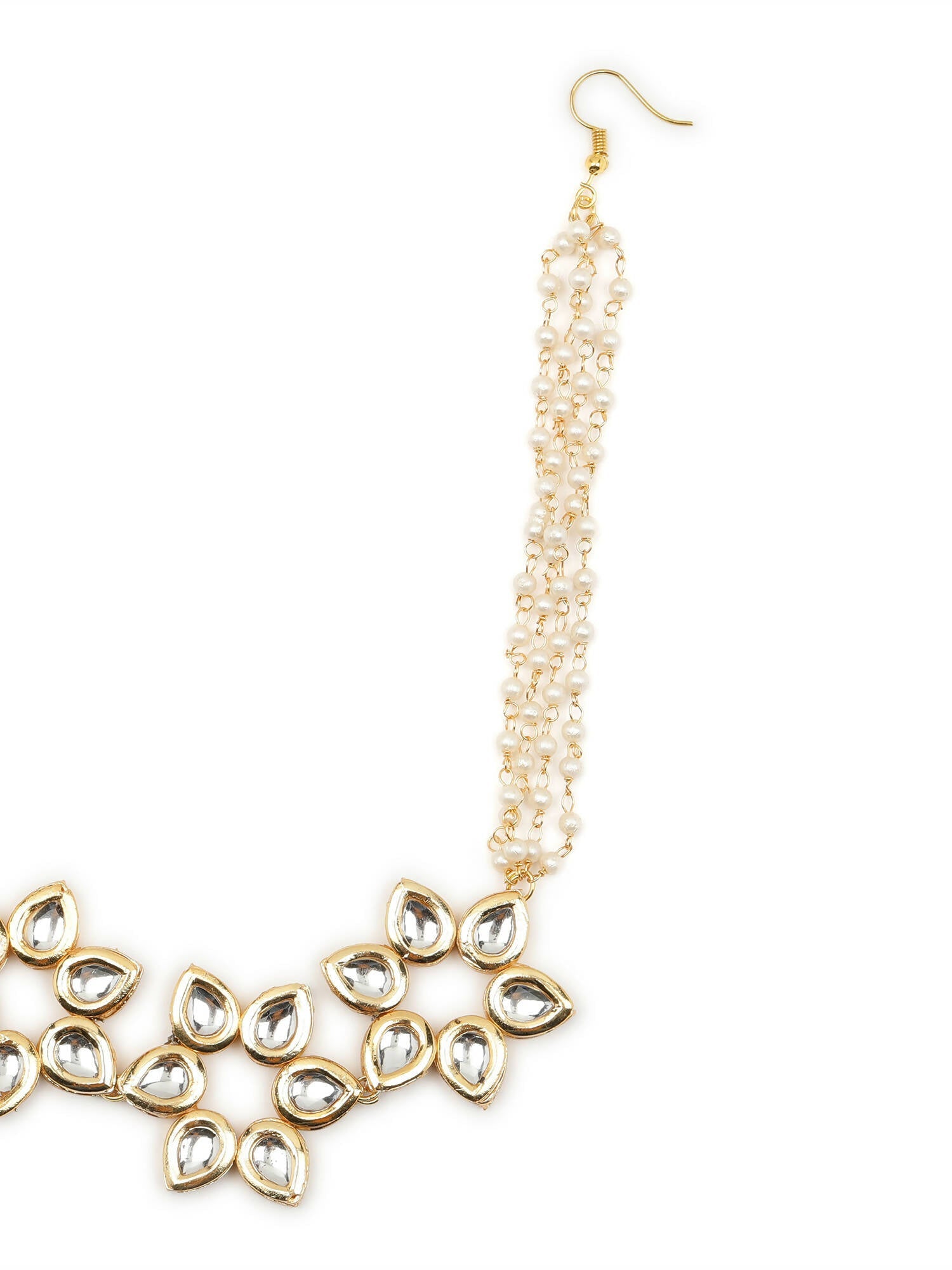 Gold-Polished White Kundan-Studded Pearl Beaded Hair Band - Ruby Raang | Grocsy