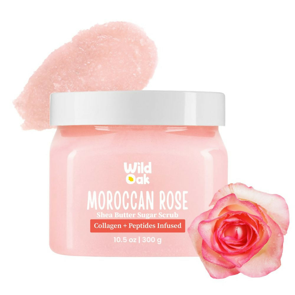 Wild Oak Moroccan Rose Shea Butter Sugar Scrub with Vegan Collagen & Peptides For Tan Removal & Smooth Skin | Grocsy