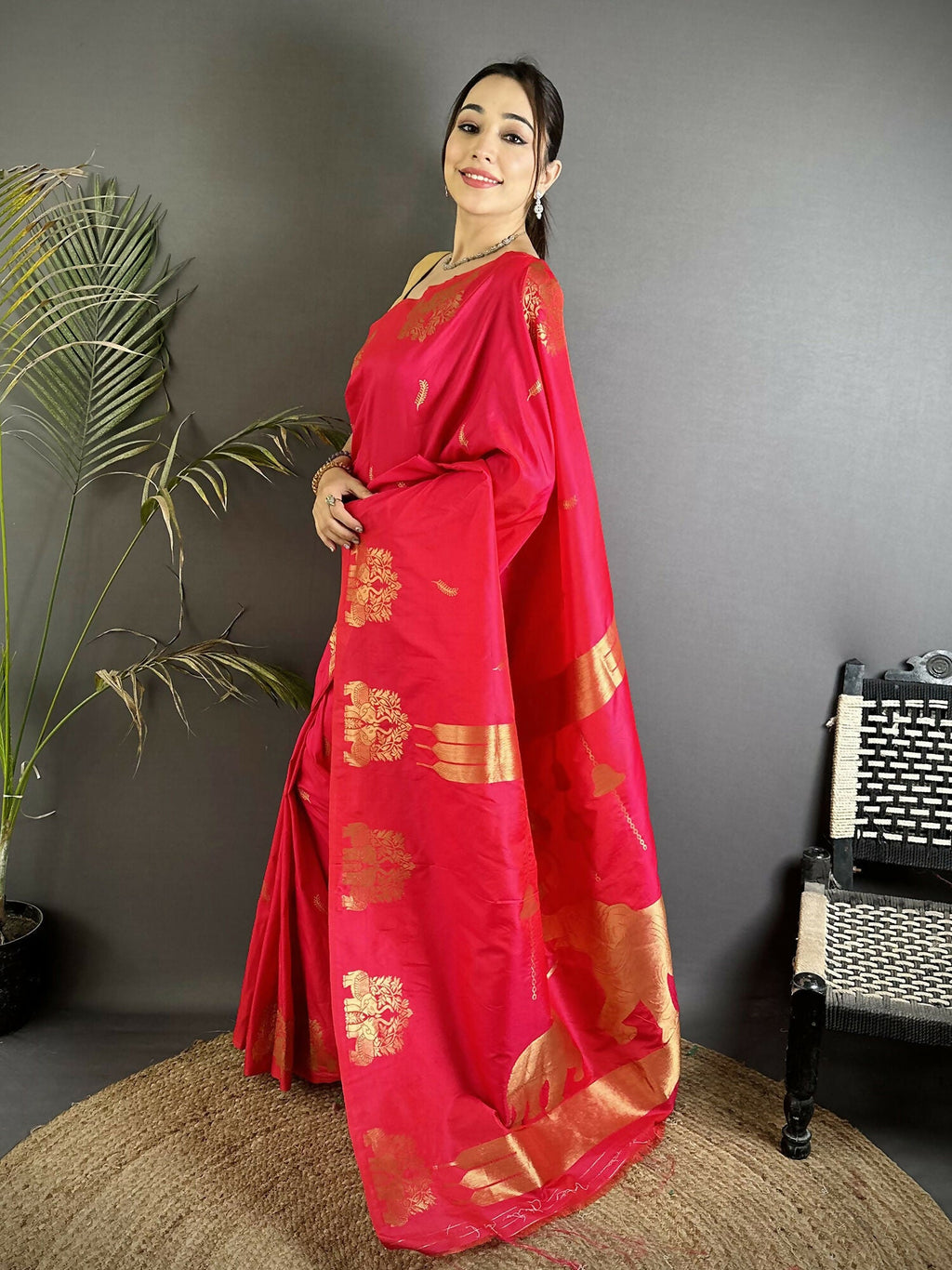 Joban Fashion Crimson Red Motifs Zari Weaving Soft Silk Banarasi Saree | Grocsy