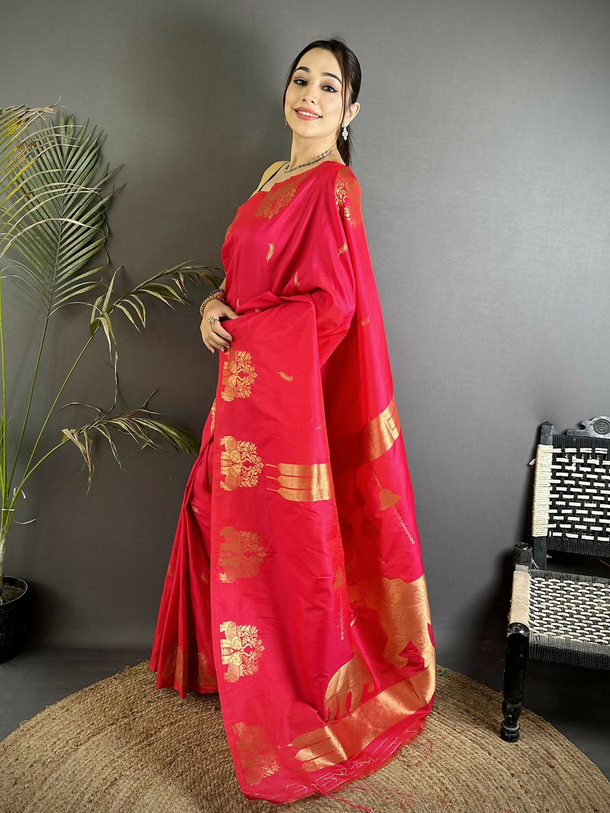 Joban Fashion Crimson Red Motifs Zari Weaving Soft Silk Banarasi Saree | Grocsy