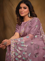 Light Purple Velvet Texture Net Designer Saree with Unstitched Blouse - Norita Mahitha | Grocsy