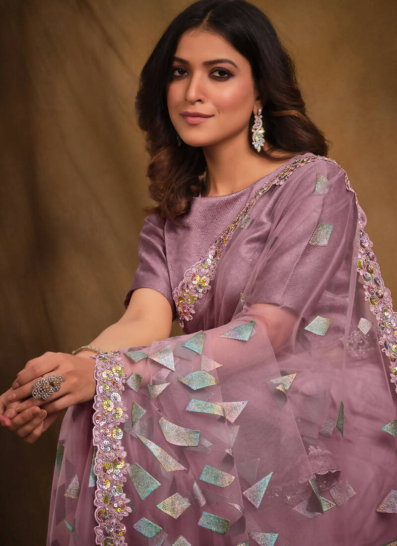 Light Purple Velvet Texture Net Designer Saree with Unstitched Blouse - Norita Mahitha | Grocsy
