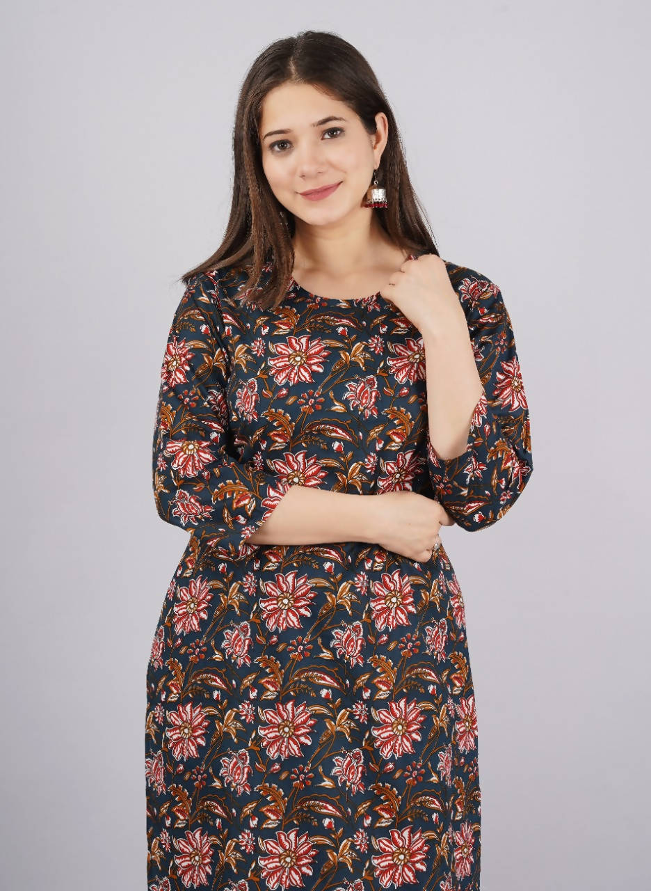 Vamika Printed Cotton Blue Party Wear/Casual Wear Kurta Set/Suit | Grocsy